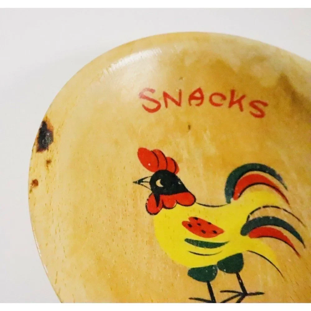 VTG Nevco Wood Rooster Snack Bowl Hand Painted No Handle Primitive Country Japan